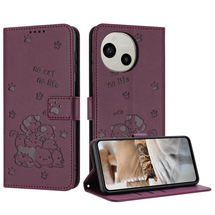 Embossed Kitten Phone Leather Case with Lanyard, For Sharp Aquos wish6, For Sharp Aquos R11, For Sharp Aquos R10 / R9, For Sharp Aquos wish5, For Sharp Aquos Sense 9, For Sharp Aquos wish4 SH-52E, For Sharp Aquos Sense 8, For Sharp Aquos Wish 3