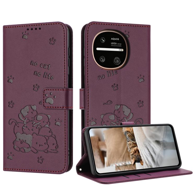 Embossed Kitten Phone Leather Case with Lanyard, For Sharp Aquos wish6, For Sharp Aquos R11, For Sharp Aquos R10 / R9, For Sharp Aquos wish5, For Sharp Aquos Sense 9, For Sharp Aquos wish4 SH-52E, For Sharp Aquos Sense 8, For Sharp Aquos Wish 3