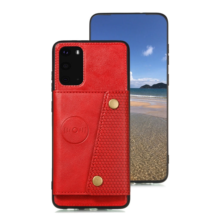 Red magnetic flip phone case with card slot and shockproof textured side panel