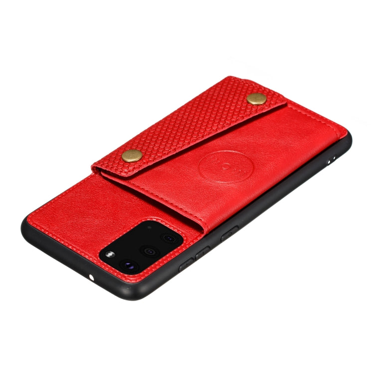 Red magnetic flip phone case with card slot, double buckle closure, protective back