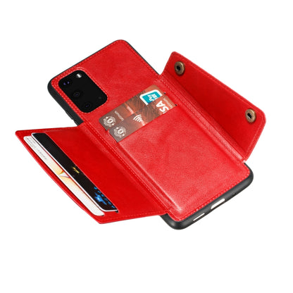 Red magnetic flip phone case with card slot holder, open wallet style, double snaps