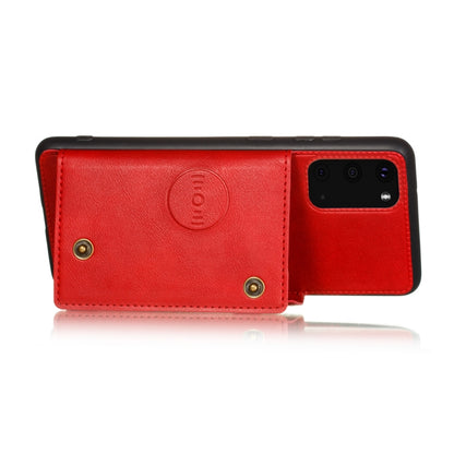 Red magnetic flip phone case with card slot, double buckle, protective TPU back cover