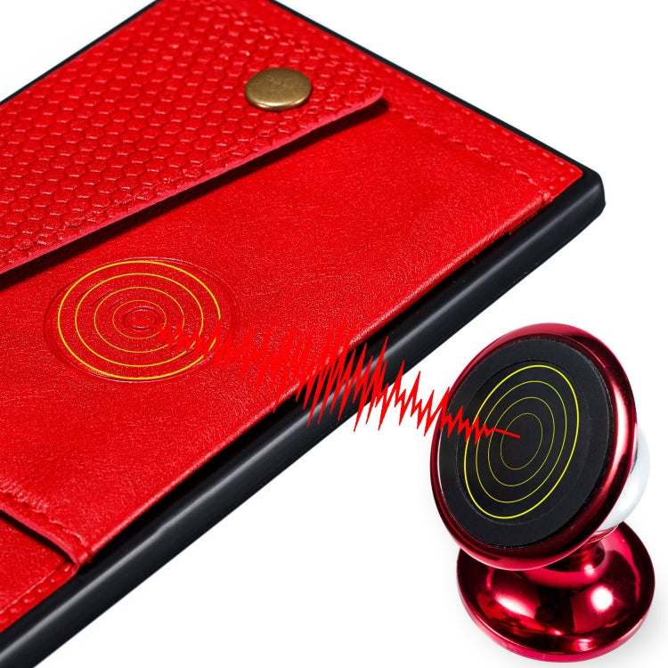 Red magnetic flip phone case detail with textured top, snap buttons, card slot holder