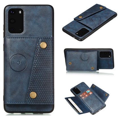 Blue magnetic flip phone case with card slot, double buckle, textured grip side panel