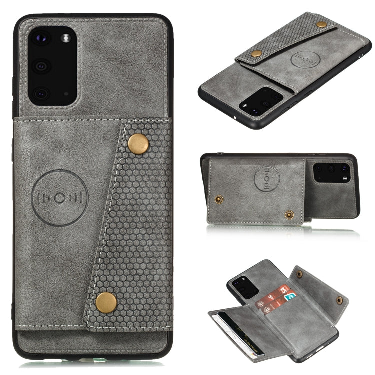 Grey magnetic flip phone case with card slot, double buckle, textured grip panel