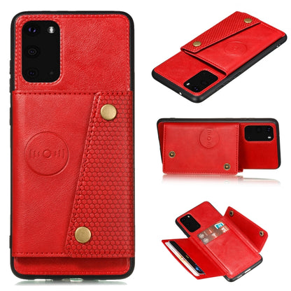 Red leather-like magnetic phone case with double buckle, card slot, flip cover