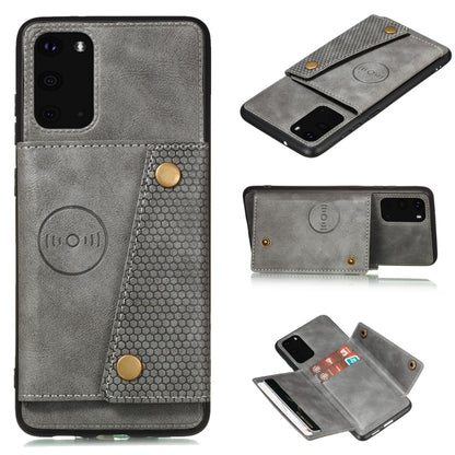 Grey leather-like magnetic phone case with double buckle, card slot, flip cover