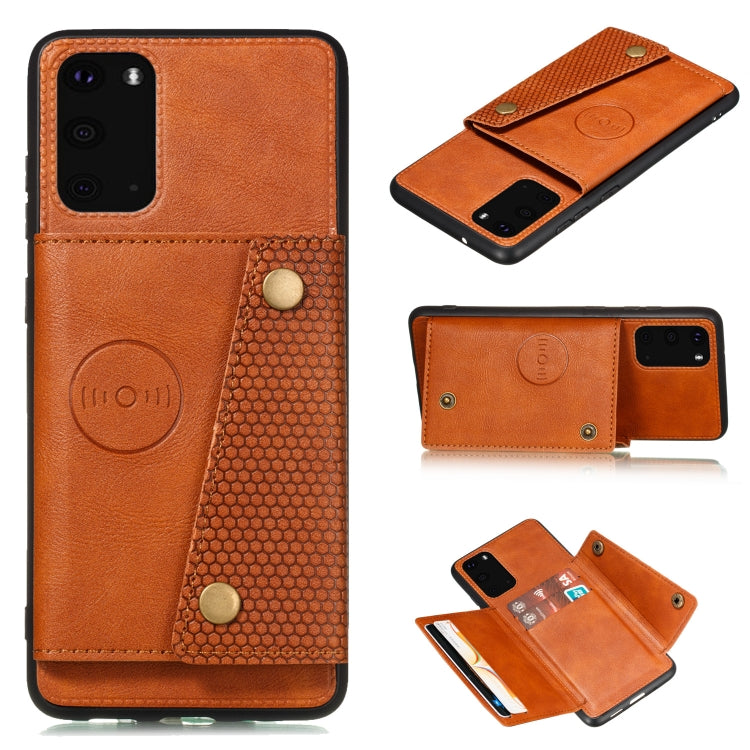 Tan leather-like magnetic phone case with double buckle, card slot, flip cover