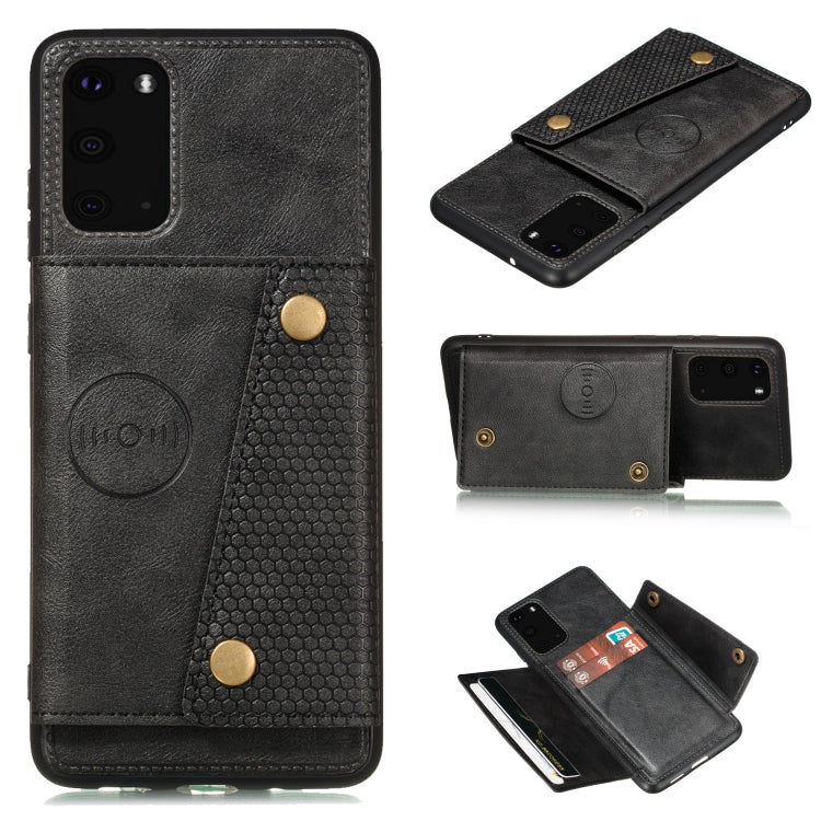 Black leather-like magnetic phone case with double buckle, card slot, flip cover