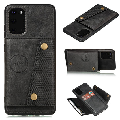 Black leather-like magnetic phone case with double buckle, card slot, flip cover