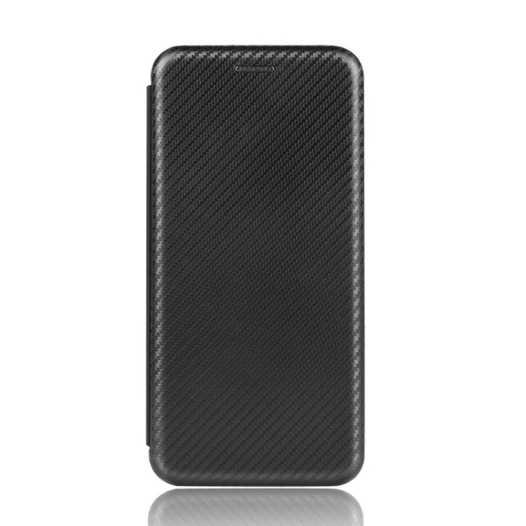 Black magnetic flip phone case with carbon-fiber texture, closed front cover