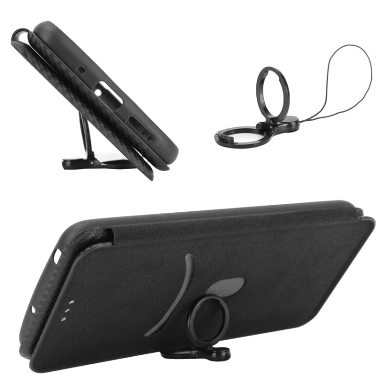 Black flip phone case with carbon-fiber texture and lanyard strap attachment