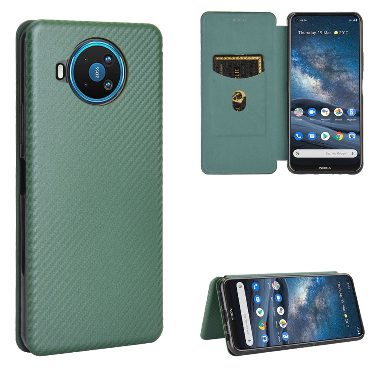 Dark green carbon fiber textured magnetic flip case with card slot and kickstand