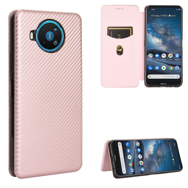 Light beige carbon fiber textured magnetic flip case with card slot and viewing stand