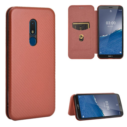 Brown magnetic flip phone case with carbon-fiber texture and card slot
