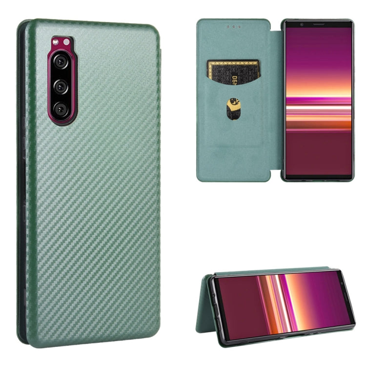 Green carbon fiber textured magnetic flip case with card slot and viewing stand