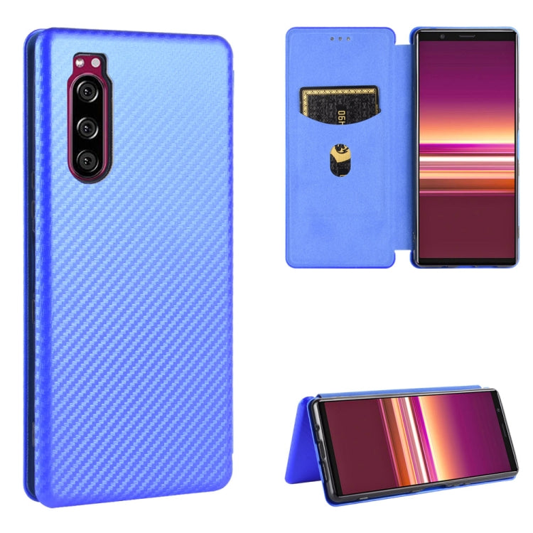 Blue carbon fiber textured magnetic flip case with card slot and kickstand