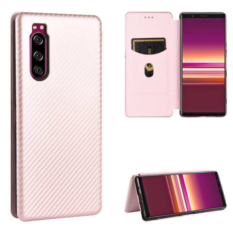 Light pink carbon fiber textured magnetic flip case with card slot and kickstand
