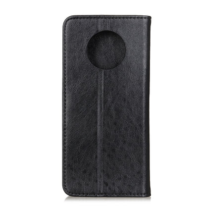 Black leather phone case with round magnetic closure tab on back
