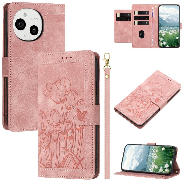 Tulips Embossed Leather Phone Case with Lanyard, For Sharp Aquos wish6, For Sharp Aquos R11, For Sharp Aquos wish5, For Sharp Aquos Sense9