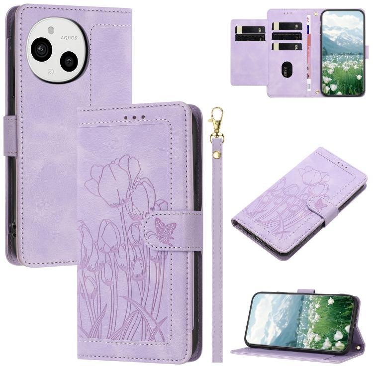 Tulips Embossed Leather Phone Case with Lanyard, For Sharp Aquos wish6, For Sharp Aquos R11, For Sharp Aquos wish5, For Sharp Aquos Sense9