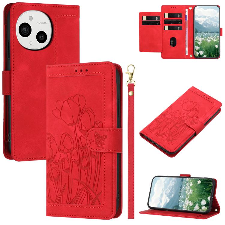 Tulips Embossed Leather Phone Case with Lanyard, For Sharp Aquos wish6, For Sharp Aquos R11, For Sharp Aquos wish5, For Sharp Aquos Sense9