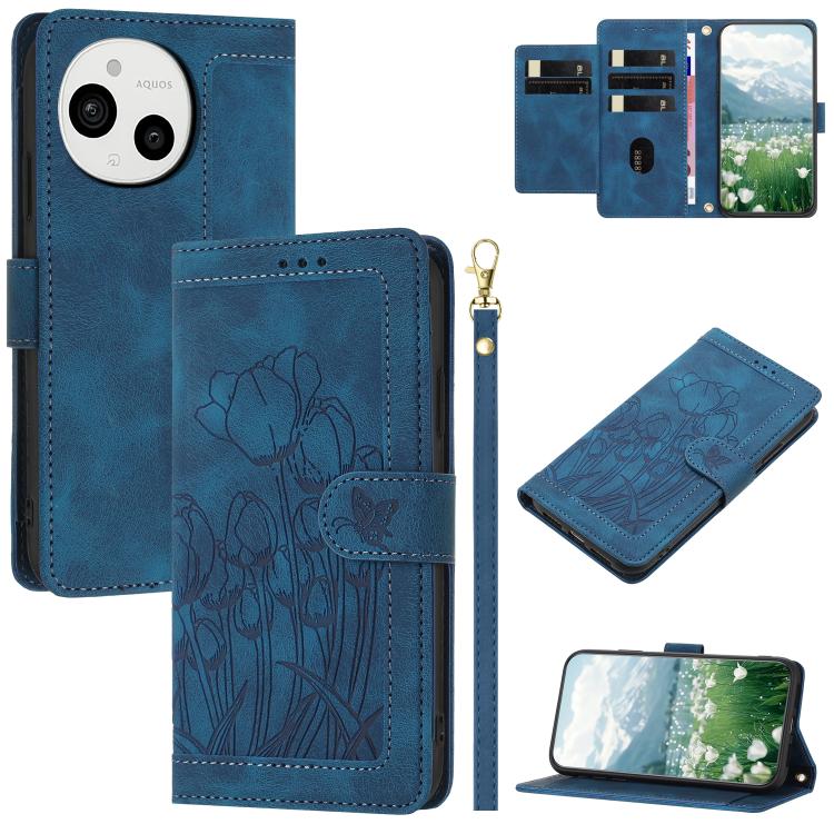 Tulips Embossed Leather Phone Case with Lanyard, For Sharp Aquos wish6, For Sharp Aquos R11, For Sharp Aquos wish5, For Sharp Aquos Sense9