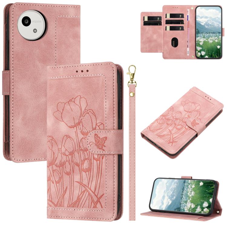 Tulips Embossed Leather Phone Case with Lanyard, For Sharp Aquos wish6, For Sharp Aquos R11, For Sharp Aquos wish5, For Sharp Aquos Sense9