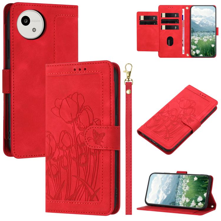 Tulips Embossed Leather Phone Case with Lanyard, For Sharp Aquos wish6, For Sharp Aquos R11, For Sharp Aquos wish5, For Sharp Aquos Sense9