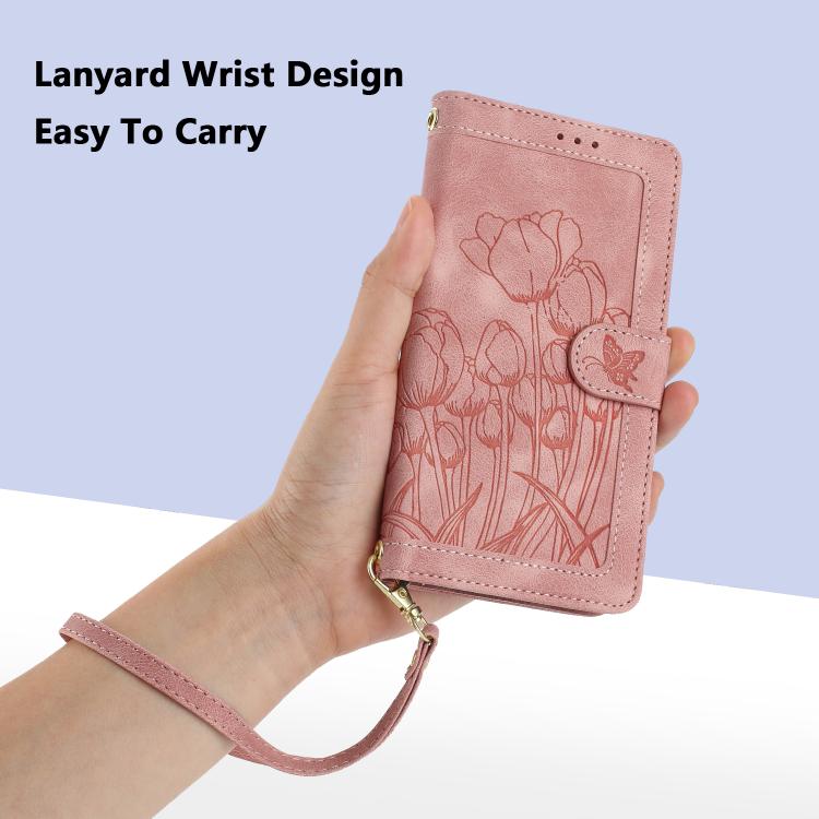 Tulips Embossed Leather Phone Case with Lanyard, For Sharp Aquos wish6, For Sharp Aquos R11, For Sharp Aquos wish5, For Sharp Aquos Sense9