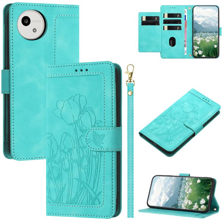Tulips Embossed Leather Phone Case with Lanyard, For Sharp Aquos wish6, For Sharp Aquos R11, For Sharp Aquos wish5, For Sharp Aquos Sense9
