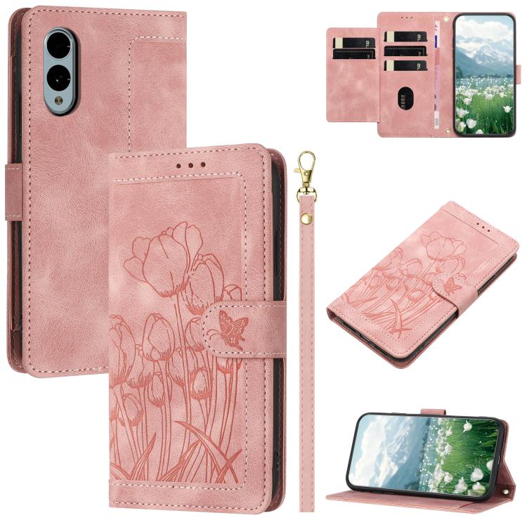 Tulips Embossed Leather Phone Case with Lanyard, For Fujitsu Arrows We3, For Fujitsu Arrows Alpha F-51F, For Fujitsu Arrows We2, For Fujitsu Arrows We2 Plus, For Fujitsu Arrows F-52B
