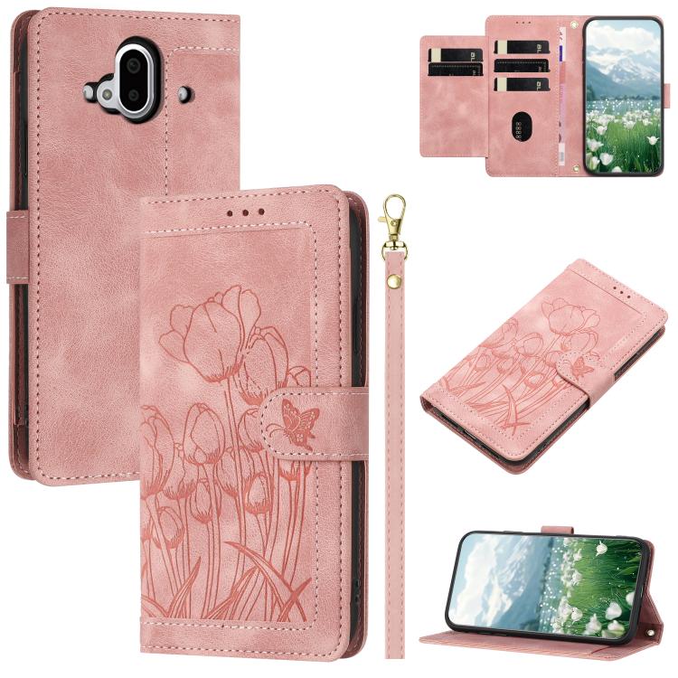 Tulips Embossed Leather Phone Case with Lanyard, For Fujitsu Arrows We3, For Fujitsu Arrows Alpha F-51F, For Fujitsu Arrows We2, For Fujitsu Arrows We2 Plus, For Fujitsu Arrows F-52B