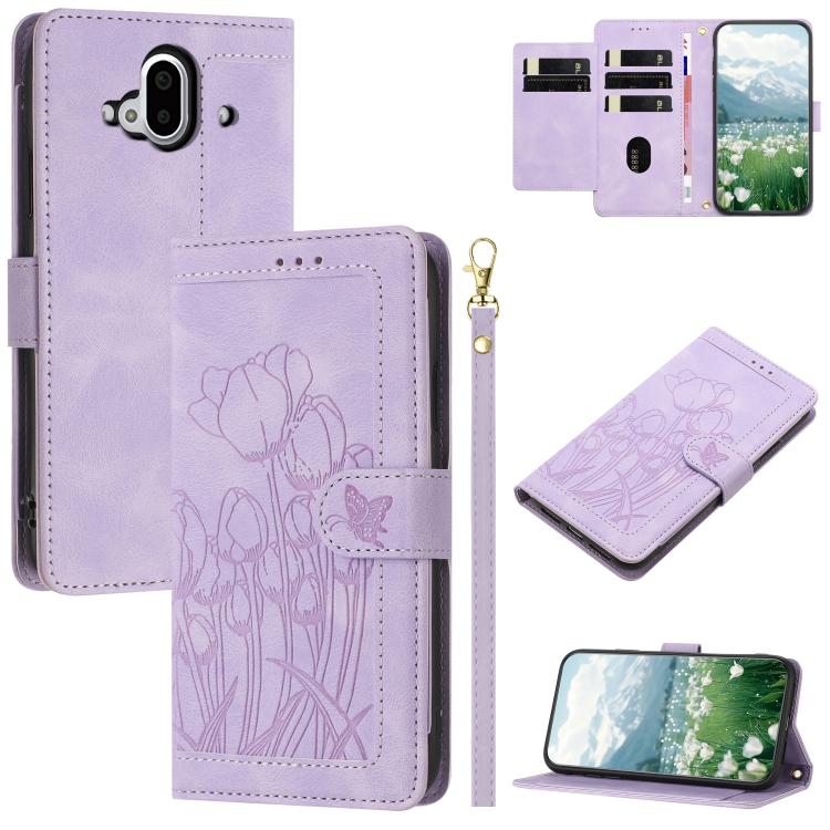 Tulips Embossed Leather Phone Case with Lanyard, For Fujitsu Arrows We3, For Fujitsu Arrows Alpha F-51F, For Fujitsu Arrows We2, For Fujitsu Arrows We2 Plus, For Fujitsu Arrows F-52B