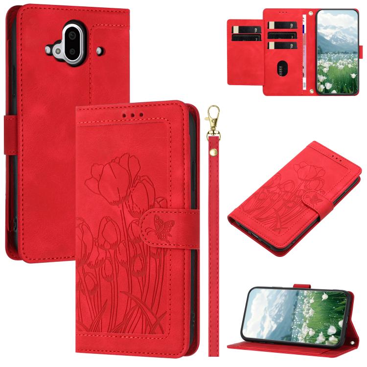 Tulips Embossed Leather Phone Case with Lanyard, For Fujitsu Arrows We3, For Fujitsu Arrows Alpha F-51F, For Fujitsu Arrows We2, For Fujitsu Arrows We2 Plus, For Fujitsu Arrows F-52B