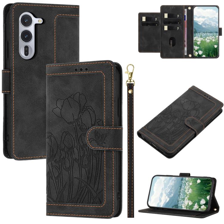 Tulips Embossed Leather Phone Case with Lanyard, For Fujitsu Arrows We3, For Fujitsu Arrows Alpha F-51F, For Fujitsu Arrows We2, For Fujitsu Arrows We2 Plus, For Fujitsu Arrows F-52B