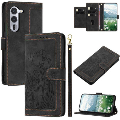 Tulips Embossed Leather Phone Case with Lanyard, For Fujitsu Arrows We3, For Fujitsu Arrows Alpha F-51F, For Fujitsu Arrows We2, For Fujitsu Arrows We2 Plus, For Fujitsu Arrows F-52B