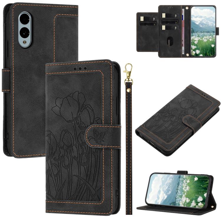 Tulips Embossed Leather Phone Case with Lanyard, For Fujitsu Arrows We3, For Fujitsu Arrows Alpha F-51F, For Fujitsu Arrows We2, For Fujitsu Arrows We2 Plus, For Fujitsu Arrows F-52B