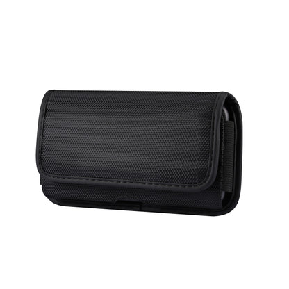 Black textured phone waist pack with front flap and side strap detail
