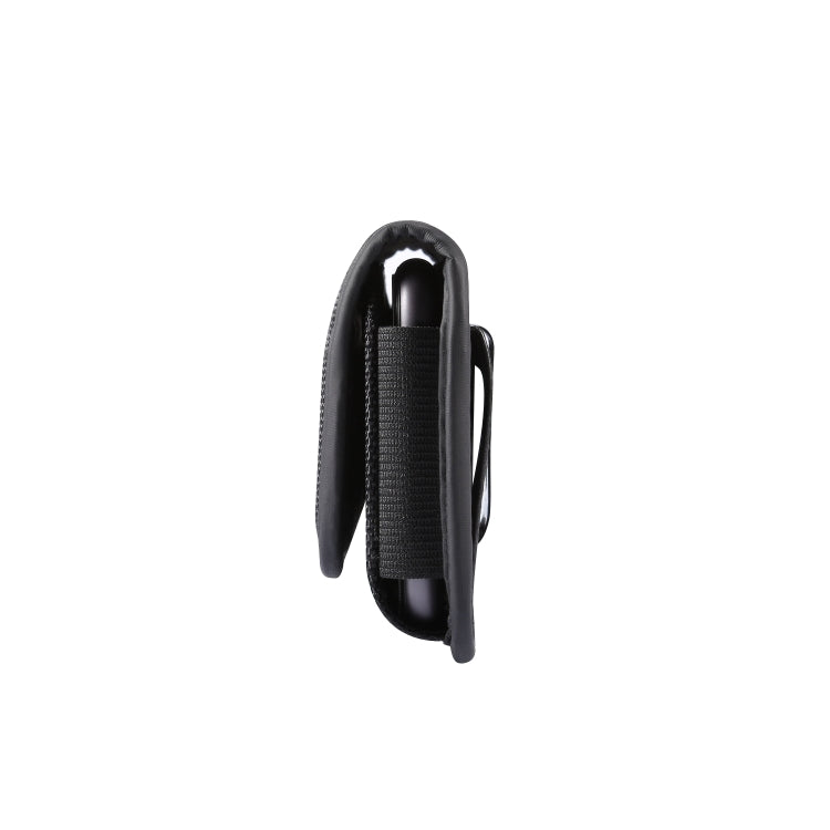 Black phone waist pack side view with adjustable loop strap