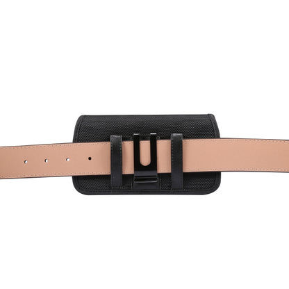 Black phone waist pack with light brown belt strap and buckle