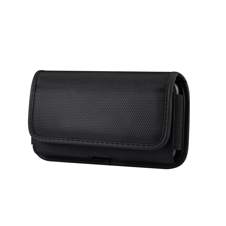 Black horizontal phone waist pack with flap closure and textured surface.
