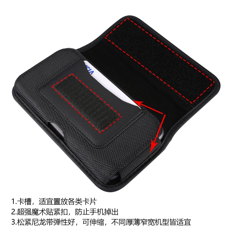 Black phone waist pack with card holder slots and red-stitched trim.
