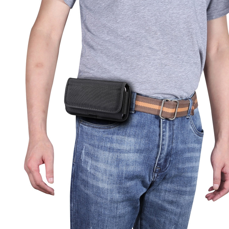 Horizontal waist phone pouch with flap, black textured fabric and belt loop strap