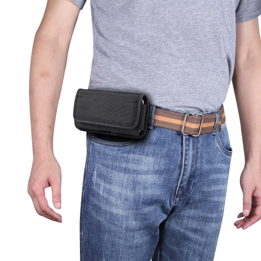 Horizontal waist phone pouch with flap, black textured fabric and belt loop strap