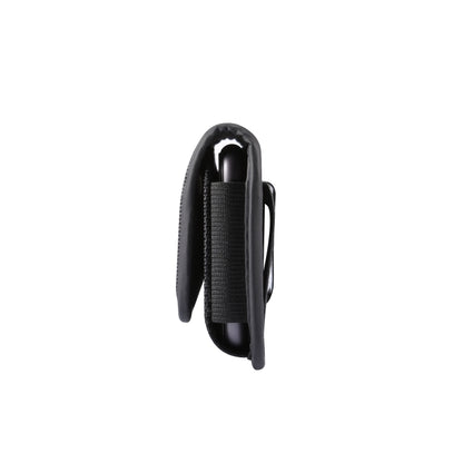 Black phone waist pouch side view with belt loop and curved flap edge