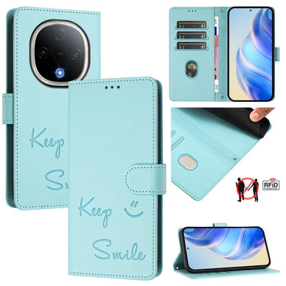 Smile Embossing RFID Leather Phone Case, For vivo Y39 5G Global, For vivo V50 Lite 5G, For vivo Y29s 5G / Y04 4G Global, For vivo Y29 4G Global, For vivo V50 5G Global, For vivo Y300 5G