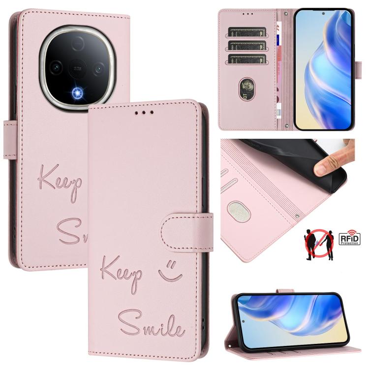 Smile Embossing RFID Leather Phone Case, For vivo Y39 5G Global, For vivo V50 Lite 5G, For vivo Y29s 5G / Y04 4G Global, For vivo Y29 4G Global, For vivo V50 5G Global, For vivo Y300 5G