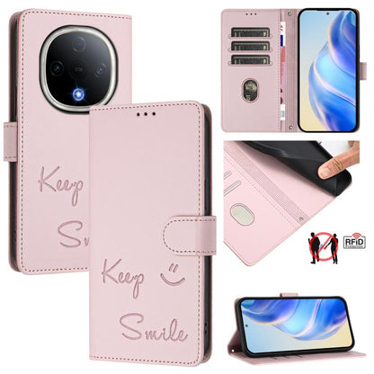 Smile Embossing RFID Leather Phone Case, For vivo Y39 5G Global, For vivo V50 Lite 5G, For vivo Y29s 5G / Y04 4G Global, For vivo Y29 4G Global, For vivo V50 5G Global, For vivo Y300 5G