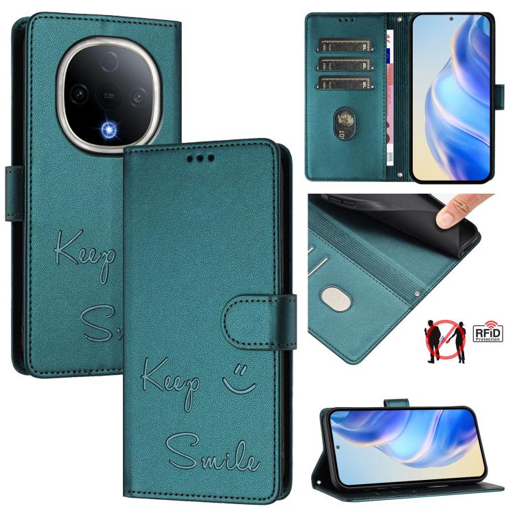 Smile Embossing RFID Leather Phone Case, For vivo Y39 5G Global, For vivo V50 Lite 5G, For vivo Y29s 5G / Y04 4G Global, For vivo Y29 4G Global, For vivo V50 5G Global, For vivo Y300 5G